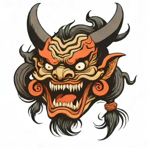 Japanese demon mask with horns and fangs tattoo design idea