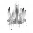 A Barcelona cityscape with a silhouette of a skijumper in the foreground tattoo design idea