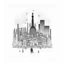A Barcelona cityscape with a silhouette of a skijumper in the foreground tattoo design idea