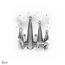 A Barcelona cityscape with a silhouette of a skijumper in the foreground tattoo design idea