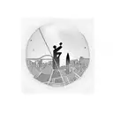 A Barcelona cityscape with a silhouette of a skijumper in the foreground tattoo design idea