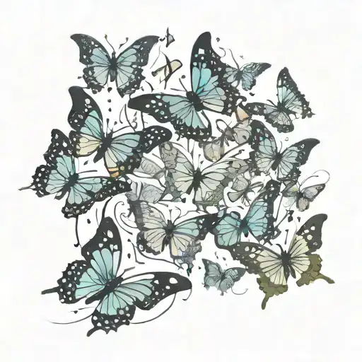 a group of small butterflies in flight moving in different directions. The effect of movement and dispersion tattoo design idea