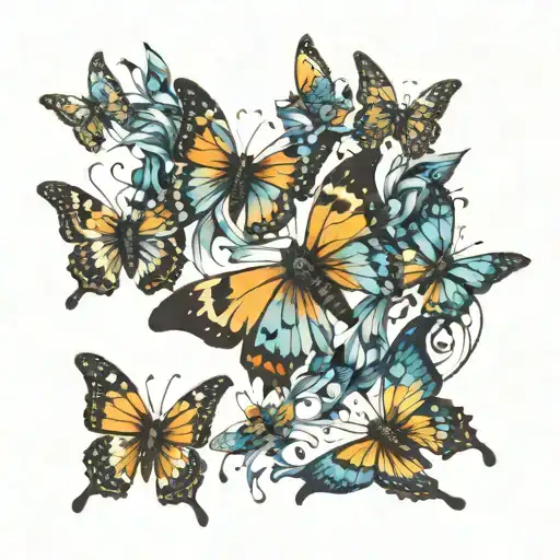a group of small butterflies in flight moving in different directions. The effect of movement and dispersion tattoo design idea