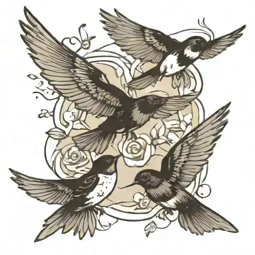 Design: A group of small birds, like swallows, flying together in different poses. This may symbolize freedom tattoo design idea