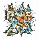 a group of small butterflies in flight moving in different directions. The effect of movement and dispersion tattoo design idea