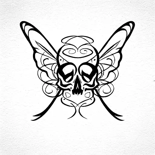half of a skull head on the left side and half of a butterfly wing on the right side tattoo design idea