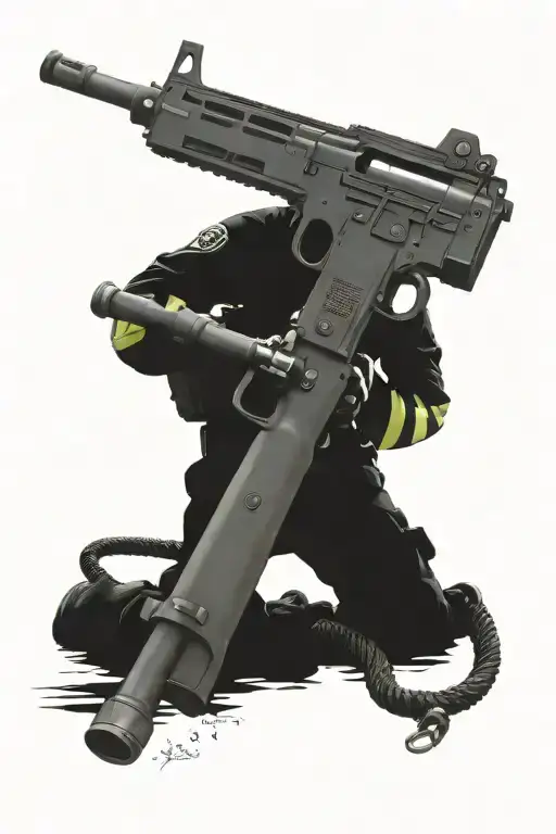 M4 Carbine, Beretta M9, Firefighter hose and nozzle, halligan bar, flathead axe tattoo design idea
