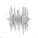 A futuristic cityscape with sound waves as buildings tattoo design idea