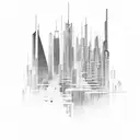 A futuristic cityscape with sound waves as buildings tattoo design idea
