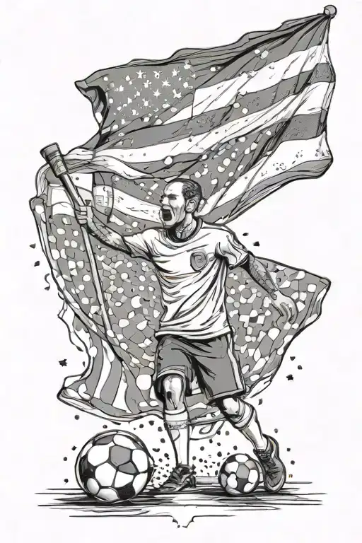 soccer fan holding flag i a frame. standing at a tribune while supporting his team. "supra socialtatem nemo" under frame tattoo design idea