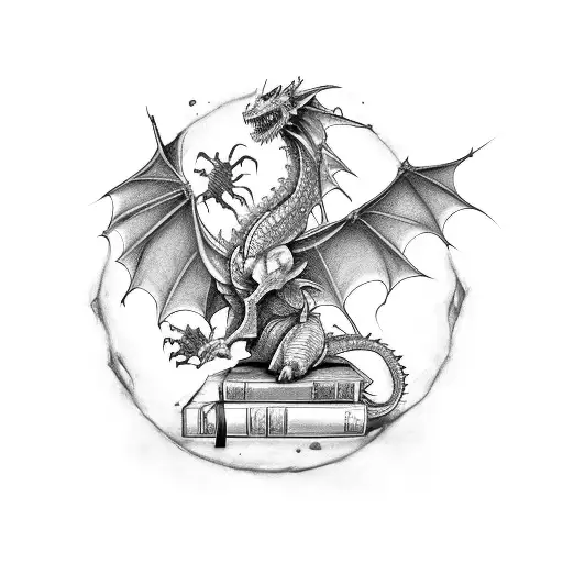 A fierce dragon guarding a stack of books tattoo design idea