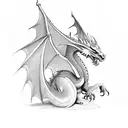 A medieval dragon with a honorable pose guarding a stack of books tattoo design idea