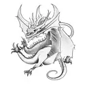 A medieval dragon with a honorable pose guarding a stack of books tattoo design idea