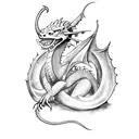 A medieval dragon with a honorable pose guarding a stack of books tattoo design idea