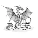 A medieval dragon with a honorable pose guarding a stack of books tattoo design idea