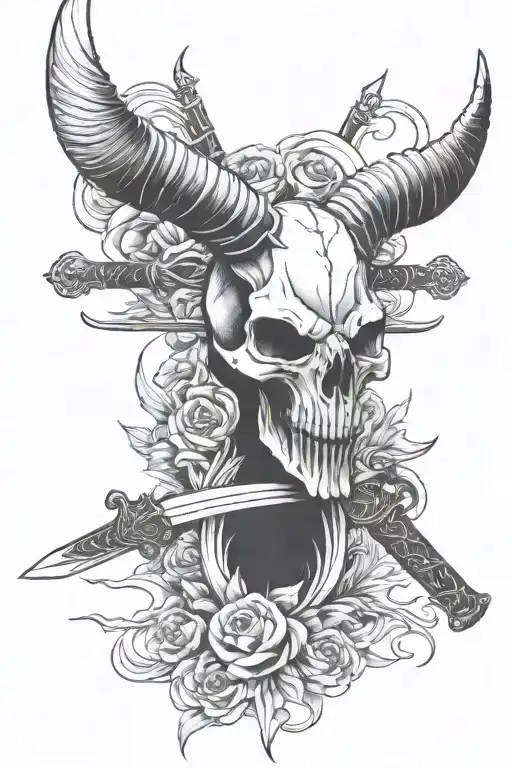 swords, goat skull and smoke tattoo design idea