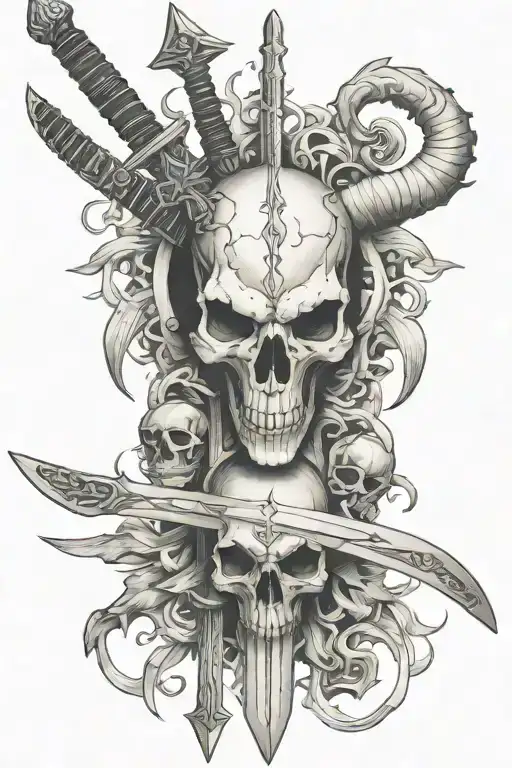 swords, goat skull and smoke tattoo design idea