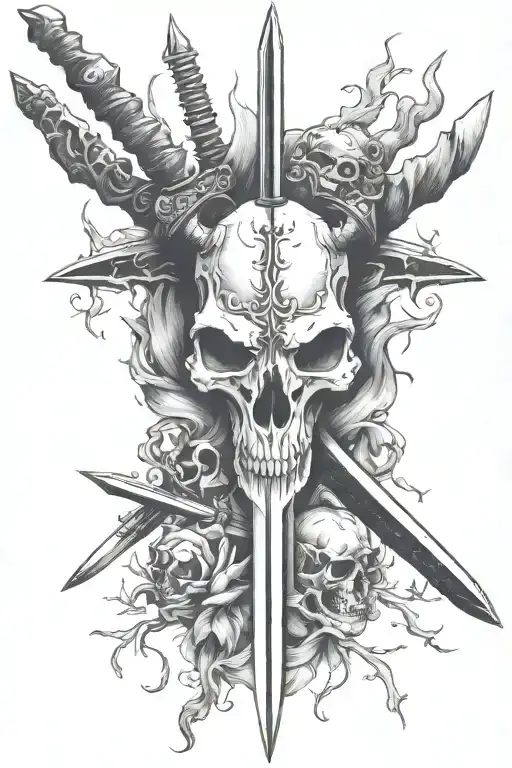 swords, goat skull and smoke tattoo design idea
