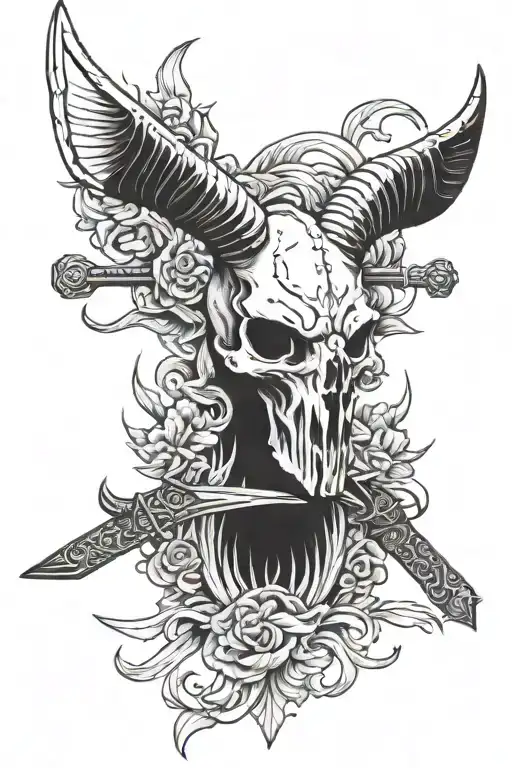 swords, goat skull and smoke tattoo design idea