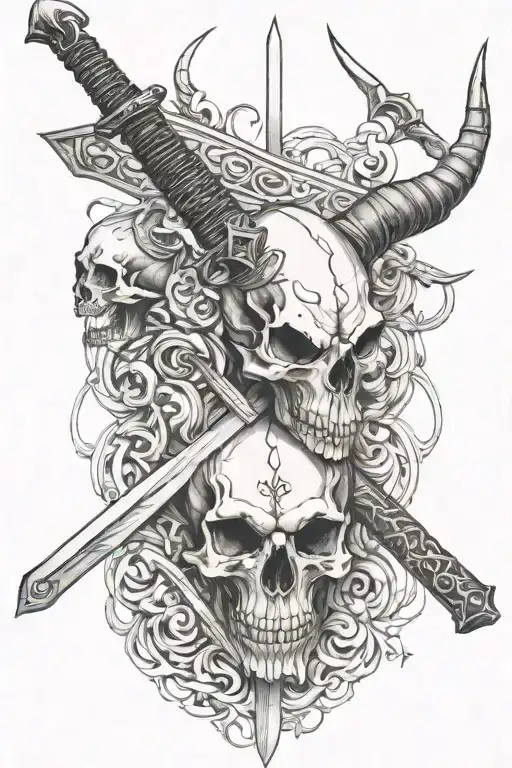 swords, goat skull and smoke tattoo design idea