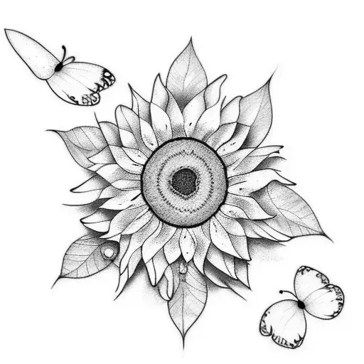A minimalist and elegant tattoo depicting a single sunflower and butterfly, with delicate linework and dotwork shading. tattoo design idea
