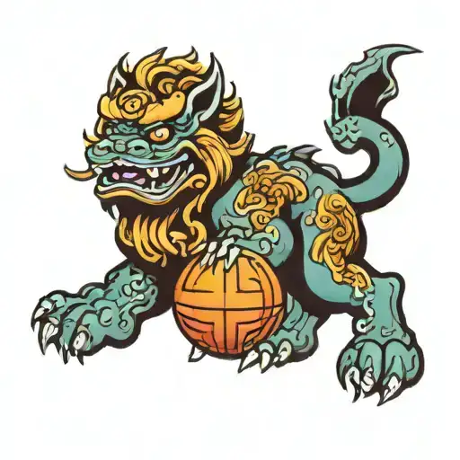 foo dog holding ball tattoo design idea