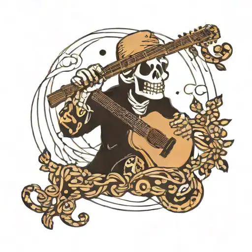 A ghostly figure playing a guitar made of coffee beans and yarn tattoo design idea