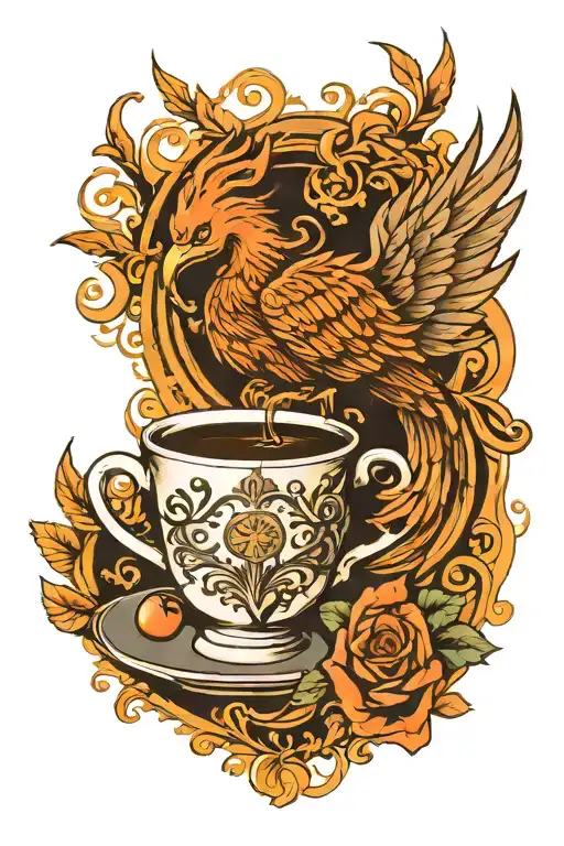 A powerful tattoo of a phoenix rising from a coffee cup, symbolizing your journey through Narcotics Anonymous and your love for coffee tattoo design idea