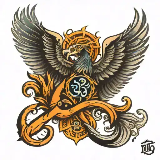 phoenix bird and shivas trident and Hindu om symbol tattoo design idea