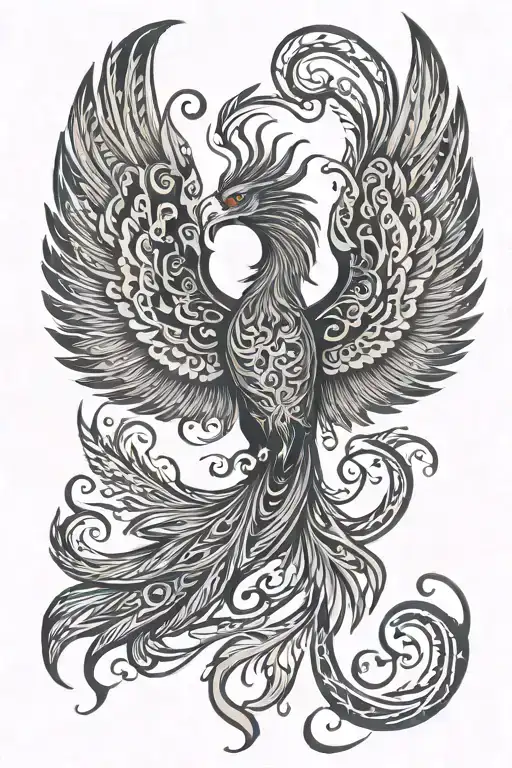 tribal phoenix flying with wings open & unalome symbol tattoo design idea