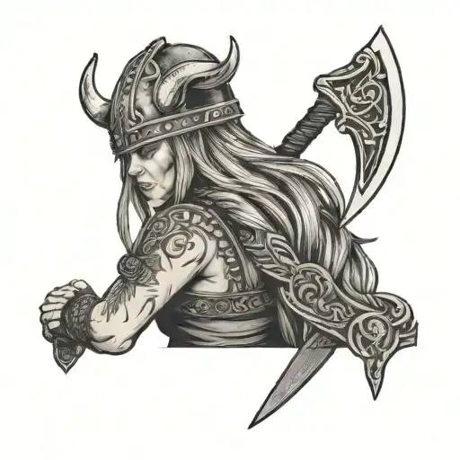 A viking woman with a bull skull headdress holding an axe tattoo design idea
