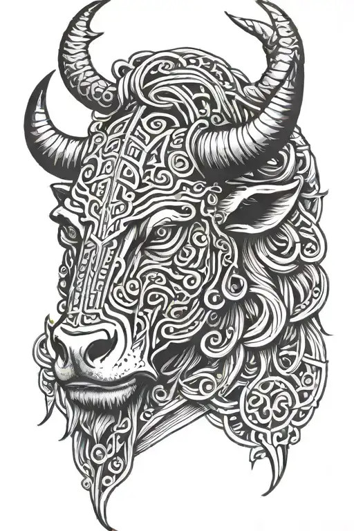 bull head, viking woman sitting tattoo design idea