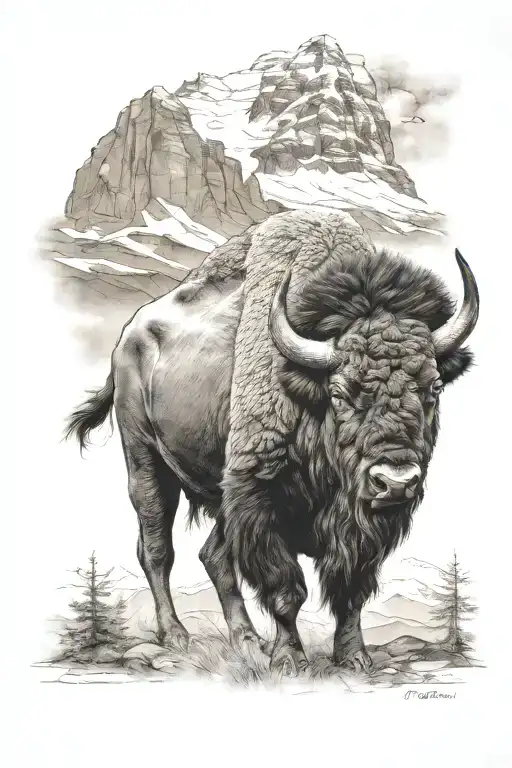 A realistic tattoo of a majestic buffalo standing in front of a mountain landscape tattoo design idea