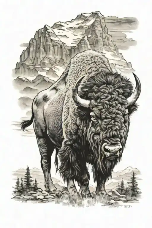A realistic tattoo of a majestic buffalo standing in front of a mountain landscape tattoo design idea