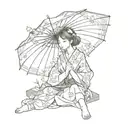 woman wearing a kimono sitting holding an ombrella tattoo design idea