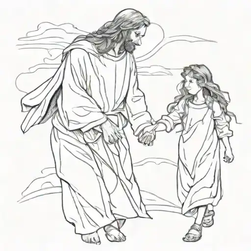 Jesus holding hands with little girl walking hand in hand tattoo design idea