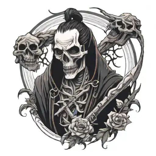 Death-themed portrait with subtle hints of Japanese Shinigami mythology tattoo design idea