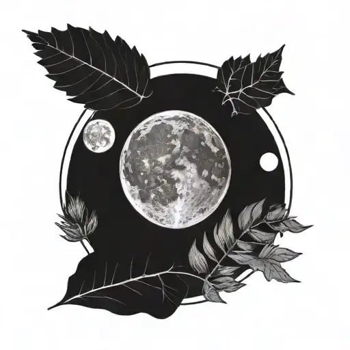 moon phases linear with foliage line art tattoo design idea