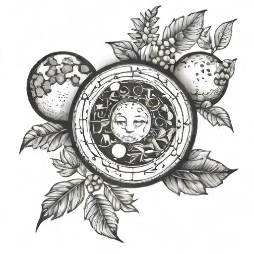 moon phases with foliage line art tattoo design idea