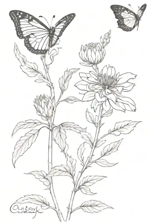Chrysanthemum, reed tree, and monarch butterfly. with "psalm 23" in cursive at the bottom of the flower roots tattoo design idea