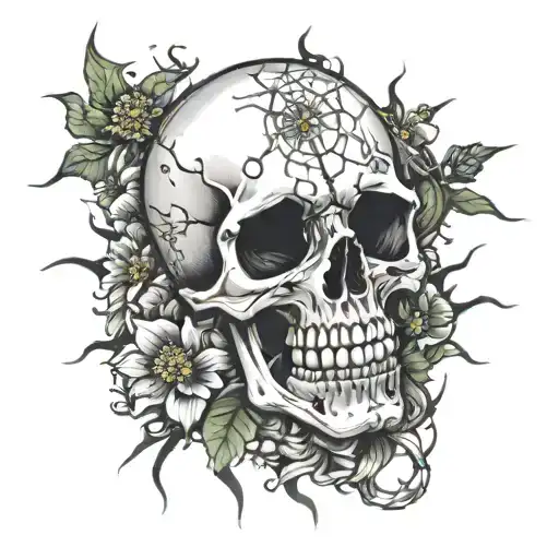 skull will spider crawling and willd flowers coming out of crack tattoo design idea