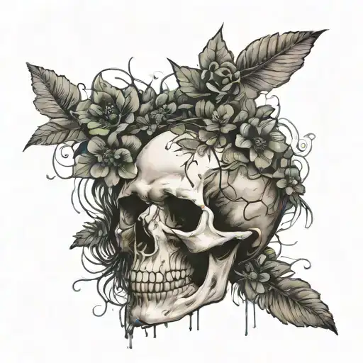 skull with with wildflowers growing out of crack of head with black widow   tattoo design idea