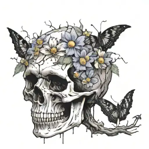 skull with with wildflowers growing out of crack of head with black widow i'm coming out of eyeball  tattoo design idea