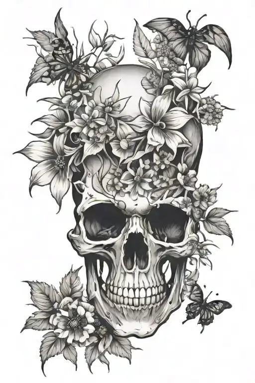 skull with wildflowers growing out and spider tattoo design idea