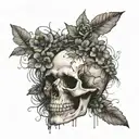 skull with with wildflowers growing out of crack of head with black widow   tattoo design idea