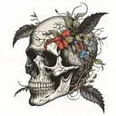 skull with with wildflowers growing out of crack of head with black widow   tattoo design idea