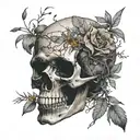 skull with with wildflowers growing out of crack of head with black widow   tattoo design idea