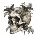 skull with with wildflowers growing out of crack of head with black widow   tattoo design idea