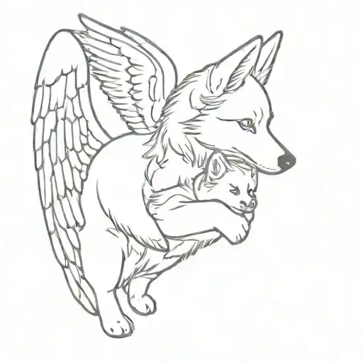 an little angel with wings hold a little husky dog  tattoo design idea