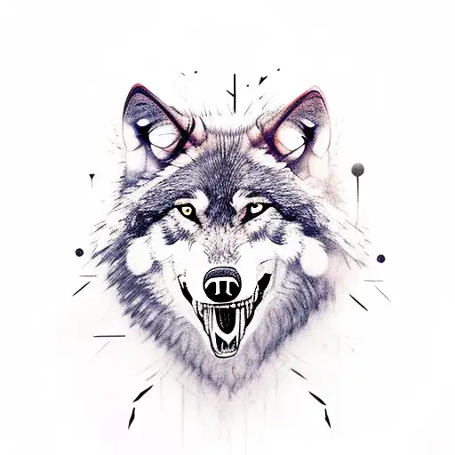 wolf with bloody teeth and a scar over his left eye, in the Background a dark forest with full moon tattoo design idea